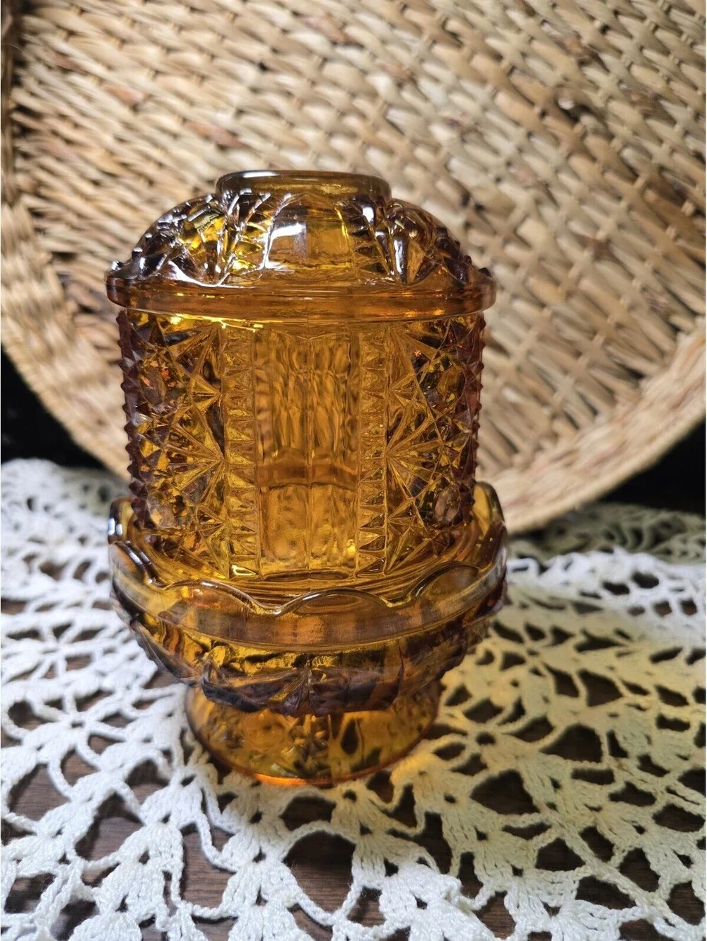 Vintage Indiana Glass 6.5” Amber Stars & Bars Fairy Lamp